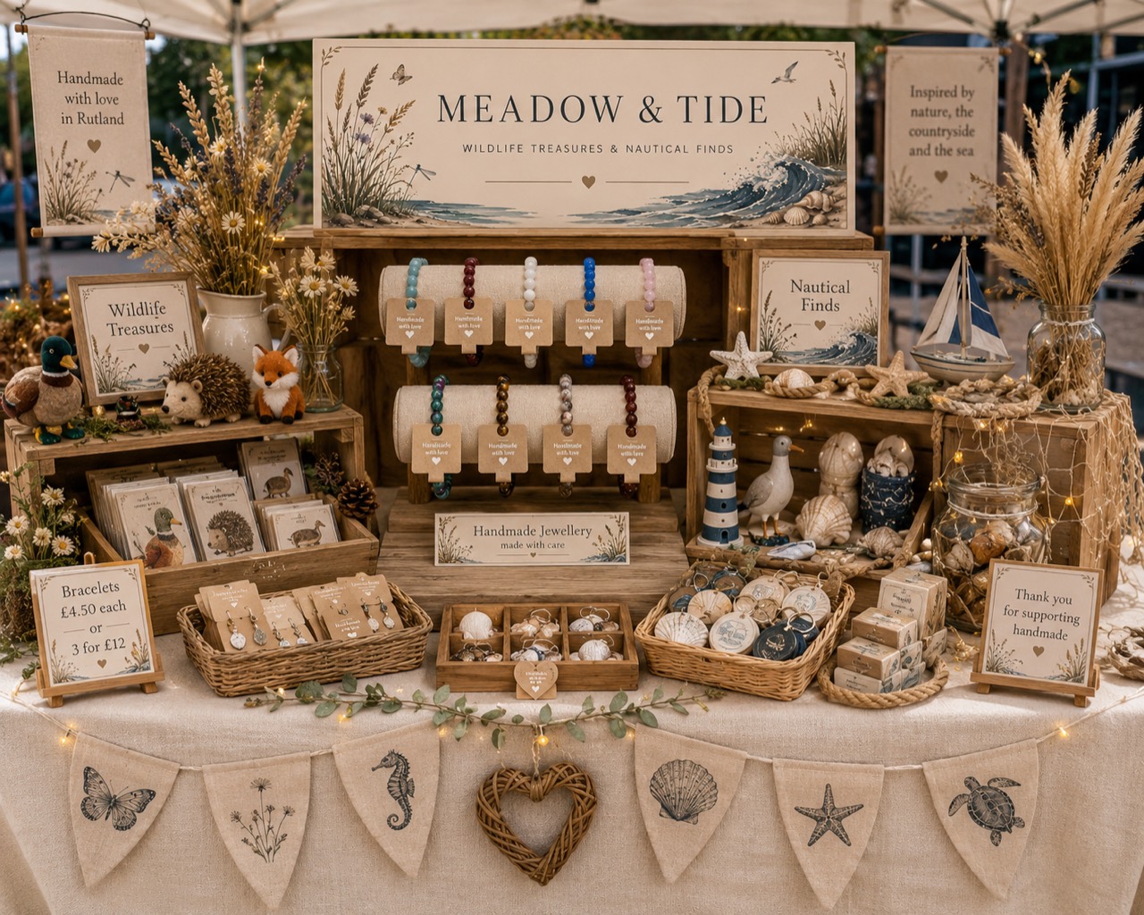 Meadow and Tide handmade jewellery and wildlife treasures market stall